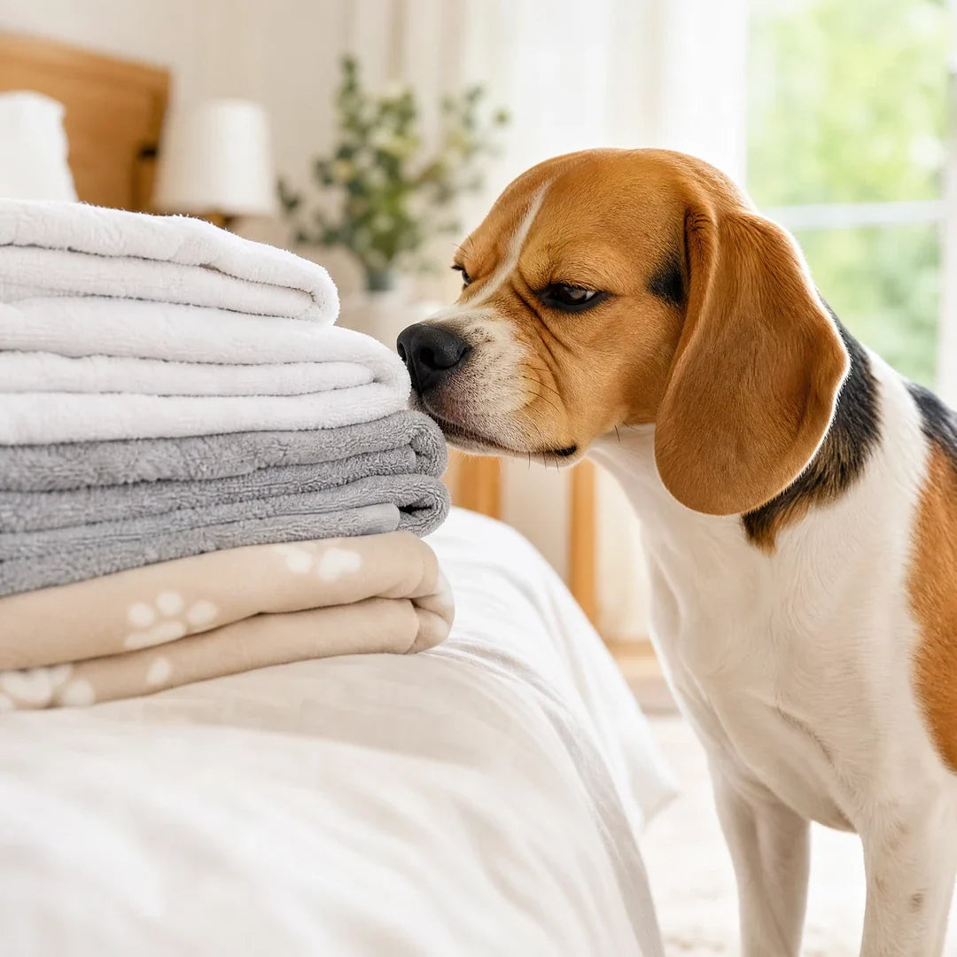 Beagle sniffing a stack of folded towels