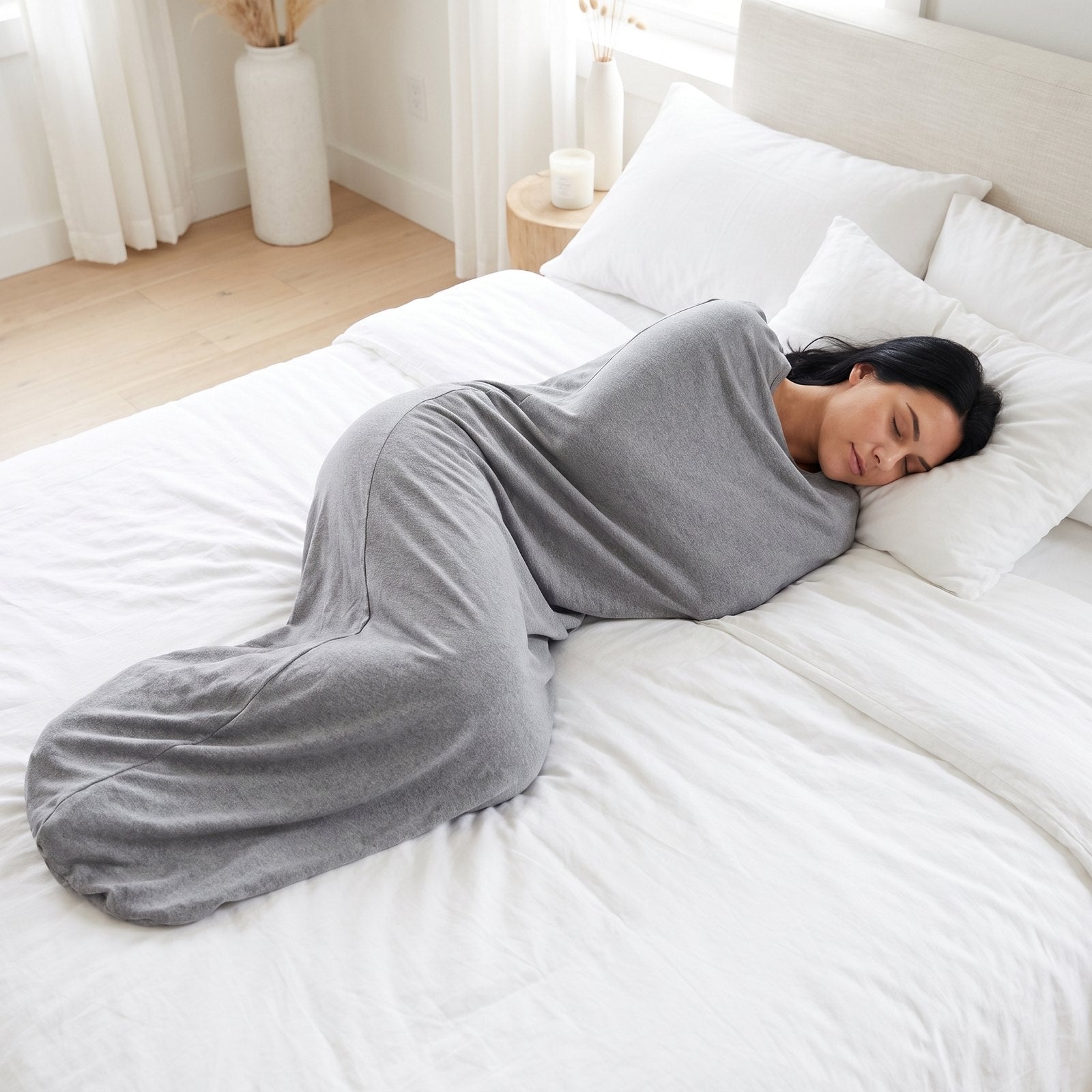Woman asleep in the gray Qalm Wrap