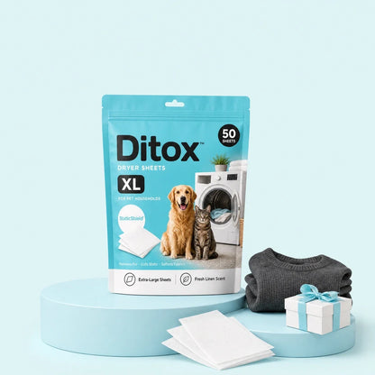 Ditox Dryer Sheets pouch with dryer sheets and a folded sweater